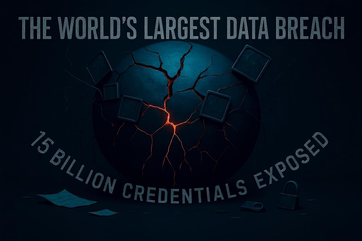Massive data breach visualization showing cybersecurity threats and stolen credentials